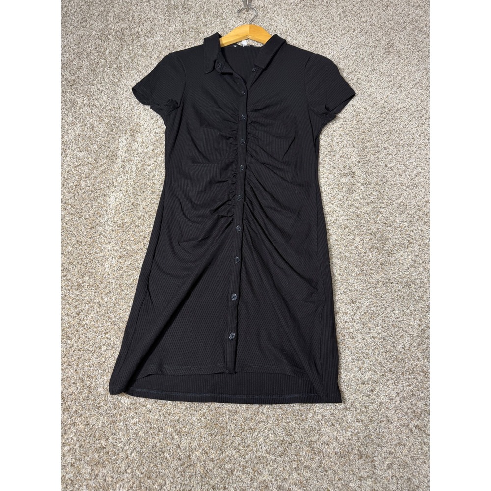 Love Tree Womens Black Ribbed Ruched Button Down Mini Dress Large Short Sleeve